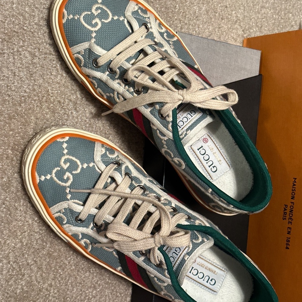 Gucci Teal and Beige Canvas Sneakers